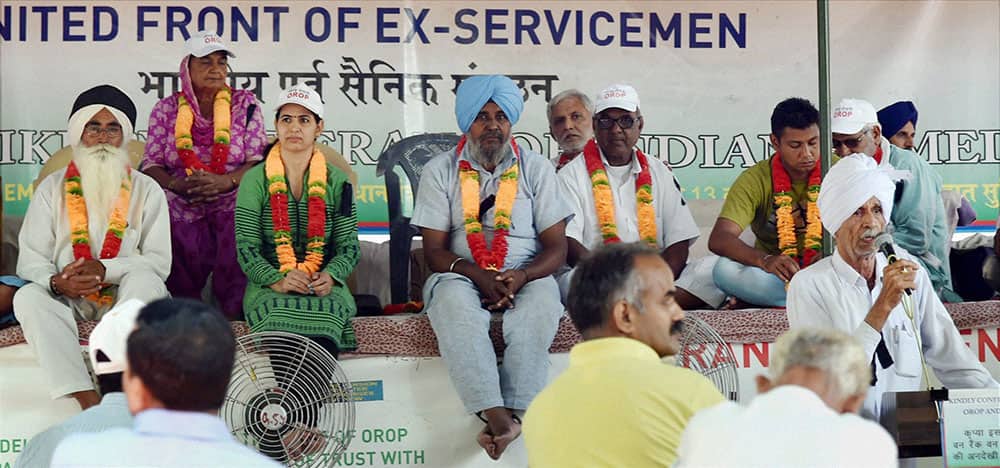 Ex-servicemen during their protest for One Rank One Pension (OROP) scheme, at Jantar Mantar in New Delhi.