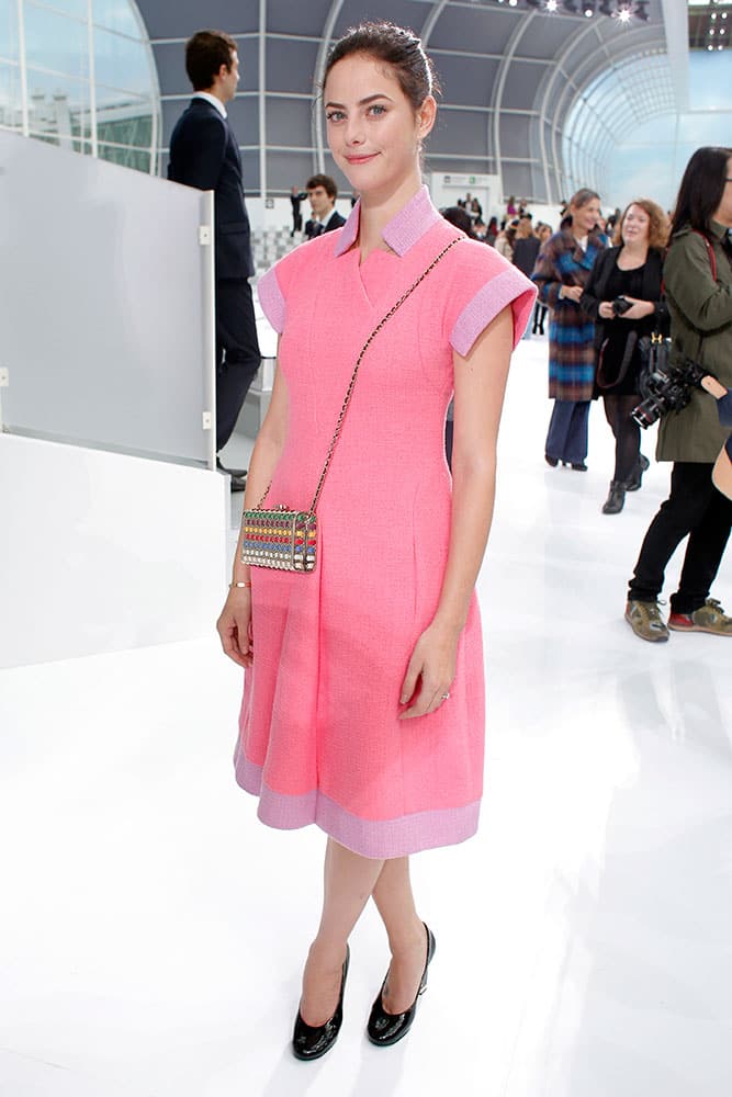 British actress Kaya Rose Scodelario poses before the start of Chanel' Spring-Summer 2016 ready-to-wear fashion collection presented during the Paris Fashion Week, in Paris.