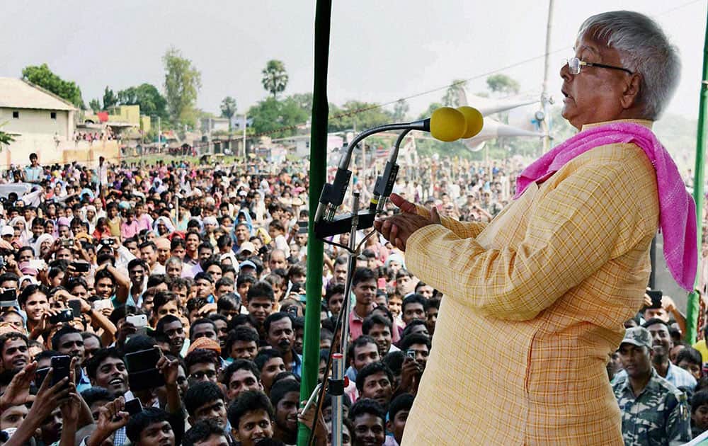 RJD chief Lalu Prasad addressing a election rally in Sasaram.