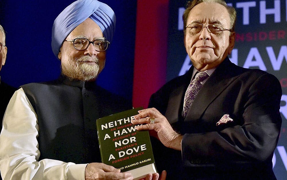 Former prime minister Manmohan Singh with former Pakistan Foreign Minister Khurshid Mahmood Kasuri, 74, during Kasuris book launch Neither a Hawk, Nor a Dove at a function in New Delhi.