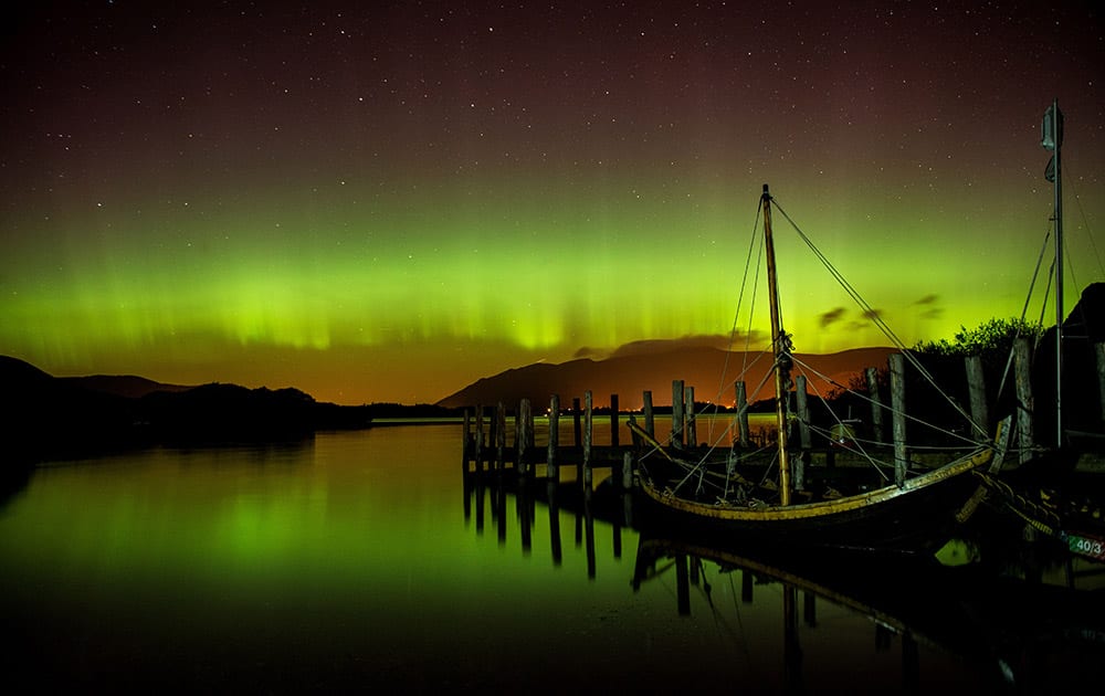 The aurora borealis, or the northern lights occur over Derwentwater, near Keswick, England.
