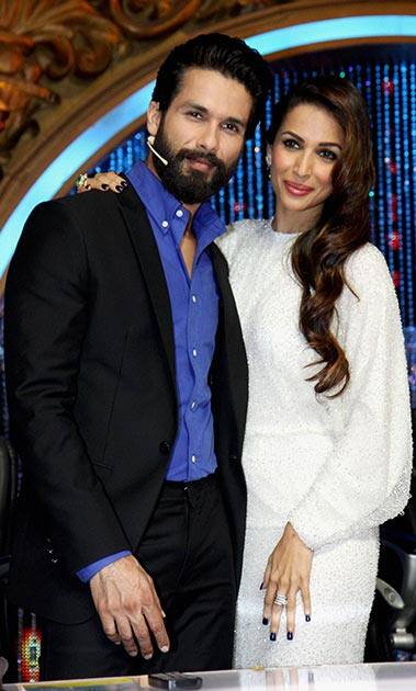 Bollywood actors Shahid Kapoor and Malaika Arora Khan during a reality dance show in Mumbai.