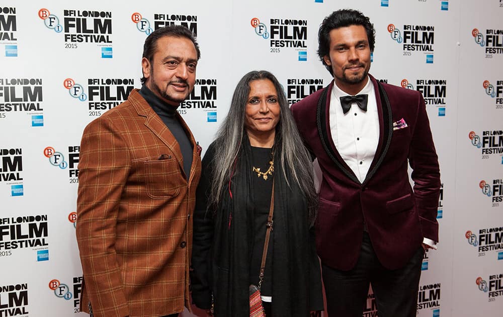 Gulshan Grover, Deepa Mehta, and Randeep Hooda pose for photographers upon arrival at the Premiere of the film Beeba Boys, showing as part of the London Film Festival, in central London.