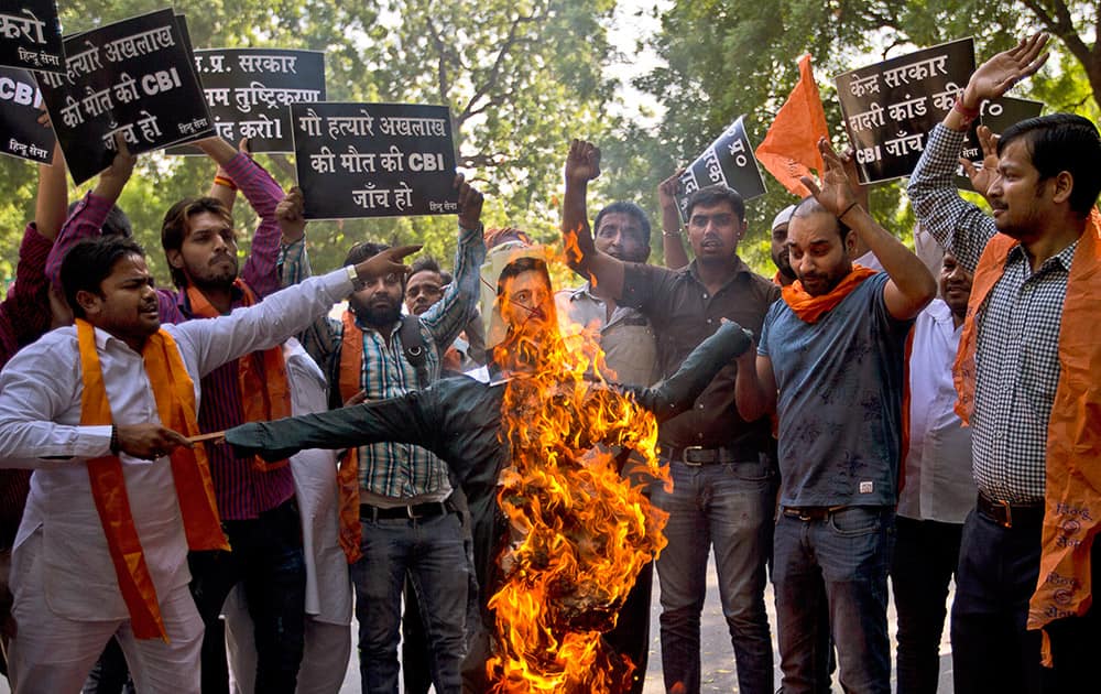 Activists of Hindu Sena or 'Hindu Army' burn an effigy of the Chief Minister of Uttar Pradesh, as they demand a Central Bureau of Investigation or CBI enquiry to certify their conviction that Mohammed Akhlaq, recently lynched by a mob of Hindus for allegedly storing beef in his house, was indeed storing beef for consumption, in New Delhi.