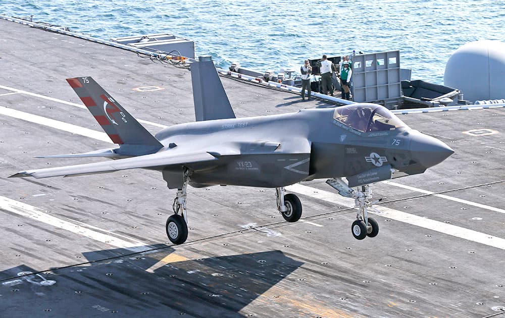 An F-35C Lightning II test aircraft approaches for a landing aboard the nuclear powered aircraft carrier USS Dwight D. Eisenhower of the coast of Norfolk, Va.