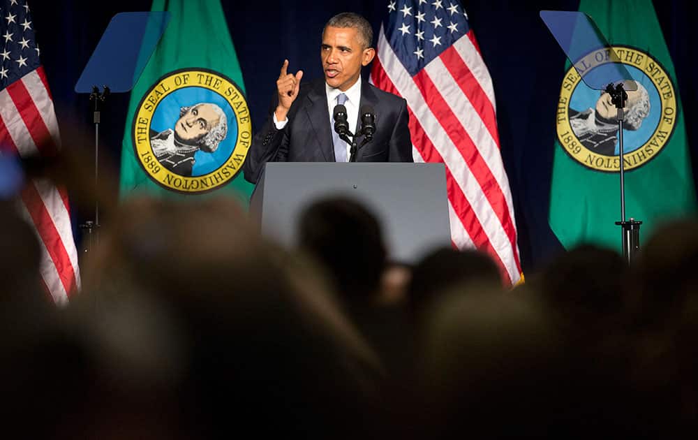 President Barack Obama speaks during a fundraiser, in Seattle. Obama attended the fundraiser event for Murray and he is also attending fundraisers this weekend in San Francisco and Los Angeles as part of a four-day West Coast tour. 