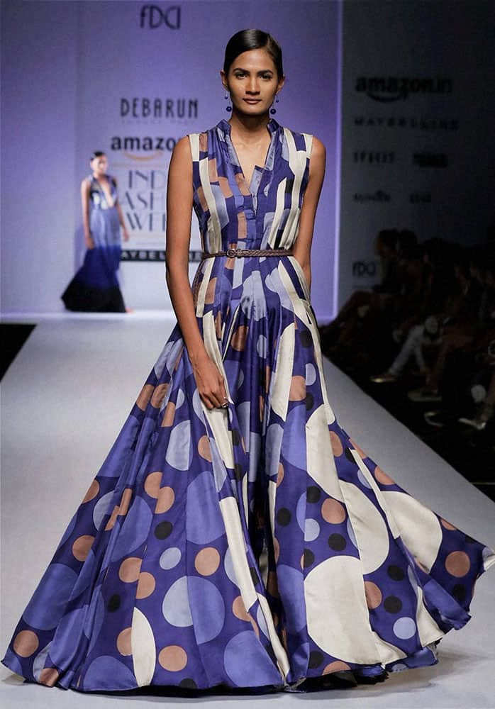 A model walks the ramp at India Fashion Week in New Delhi.
