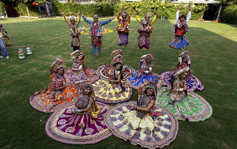 Dancers clad in traditional attire during the rehearsals for the garba dance ahead of Navratri festival in Ahmedabad.