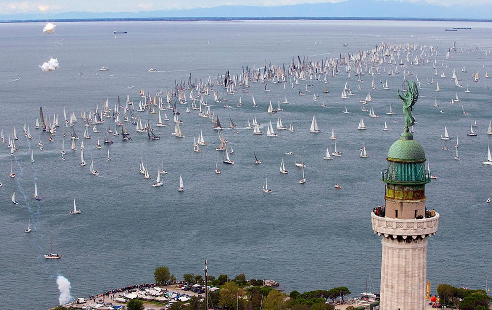 A view of the sail boats taking part in the 47nd edition of the traditional Barcolana regatta in the gulf of Trieste, north-eastern Italy.
