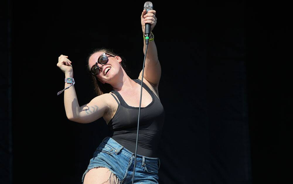 Sylvan Esso's Amelia Meath performs at the Austin City Limits music festival in Zilker Park.