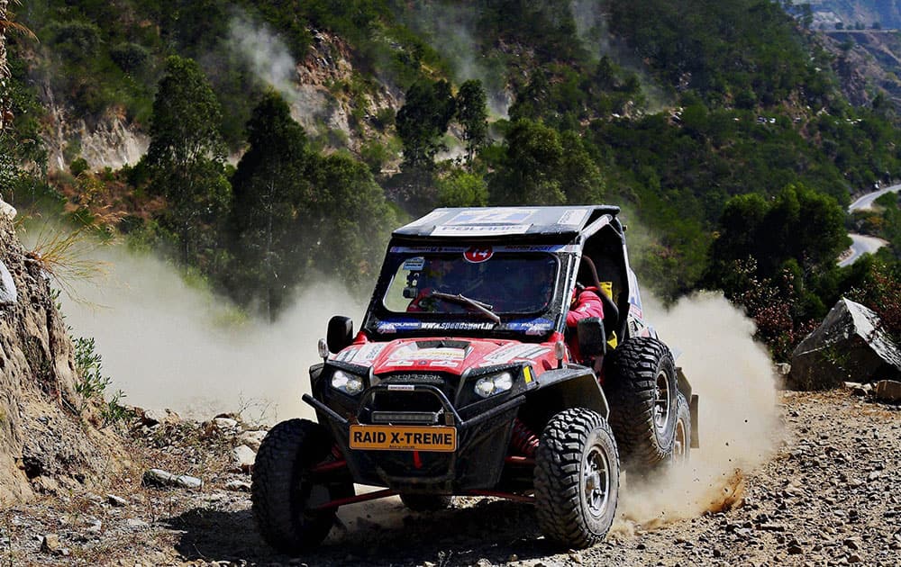 A jeep makes way through the second leg on day one of the 17th Raid De Himalaya rally at Luhri, Himachal Pradesh.