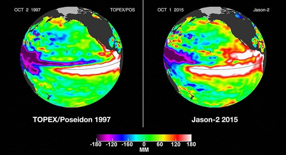 These false-color images provided by NASA satellites compare warm Pacific Ocean water temperatures from the strong El Nino that brought North America large amounts of rainfall in 1997, left, and the current El Nino as of Oct. 1, 2015, right.