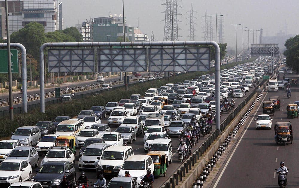 A view of massive traffic jam on Delhi Gurgaon expressway in Gurgaon.