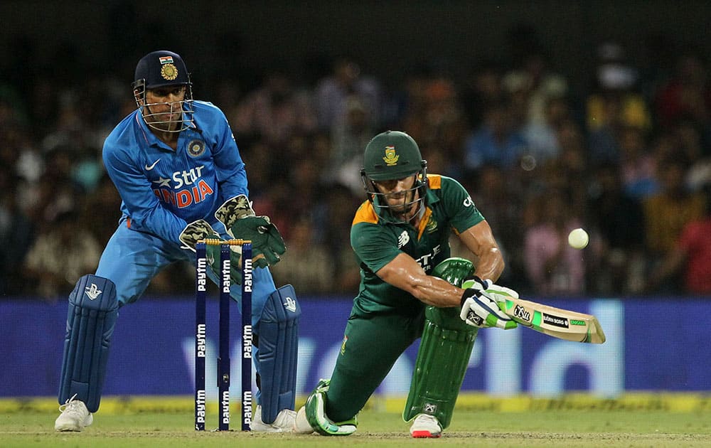 South Africa's Faf du Plessis plays a shot during their second one day international cricket match against India in Indore.