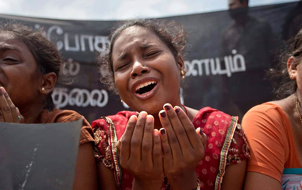 A family member of an ethnic Tamil detainee cries during a silent protest in Colombo, Sri Lanka.