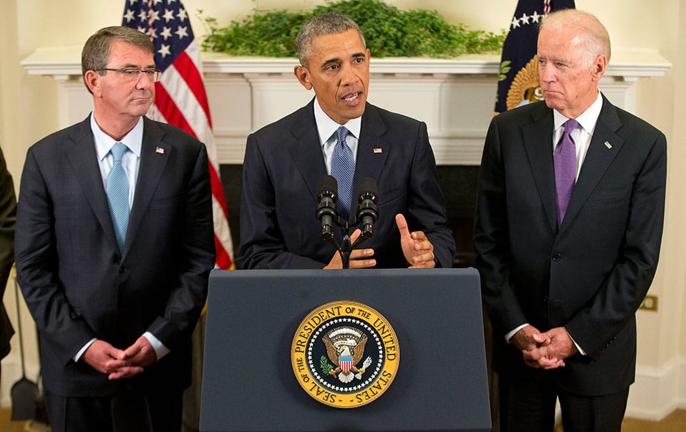 President Barack Obama, flanked by Vice President Joe Biden, right, and Defense Secretary Ash Carter, speaks about Afghanistan.