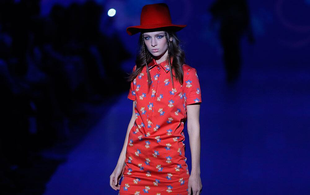 A model displays an outfit by Ukrainian designer Olga Navrotska during Fashion Week in Kiev, Ukraine