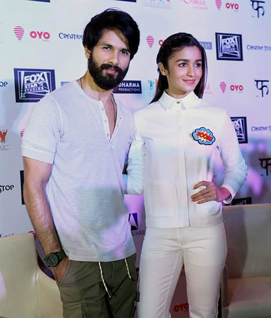 Bollywood actor Shahid Kapoor & Alia Bhatt during a promotional event of their upcoming film Shaandaar in New Delhi.