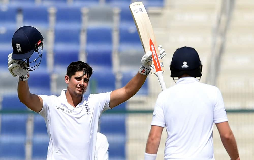 England captain Alastair Cook reacts after reaching his double century during the fourth day of first test match against Pakistan at Zayed Cricket Stadium in Abu Dhabi, United Arab Emirates.