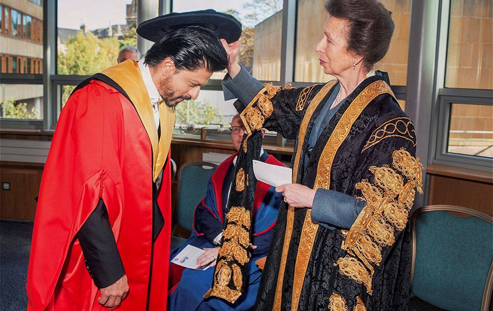 The Princess Royal of Edinburgh confers the Doctorate degree (Honoris Causa) upon Bollywood superstar Shah Rukh Khan at a function at the University of Edinburgh, Scotland.