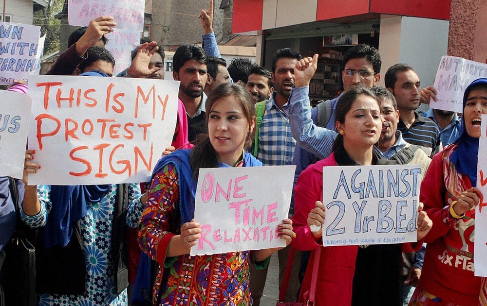 University students stage protest in support of their demands in Srinagar.