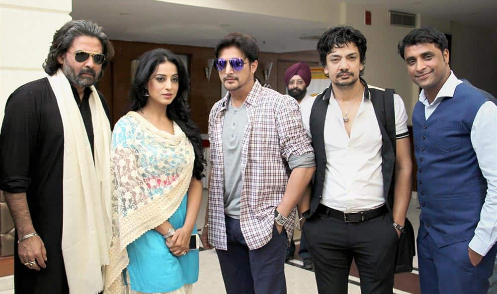 Actors Jimmy Shergill, Mahie Gill and Mukul Dev during promotion of their upcoming Punjabi movie ‘Shareek’ in Patiala.