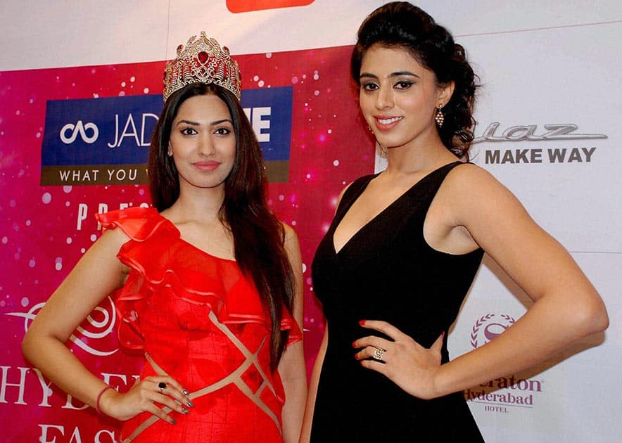 Miss India-International, Jhataleka Malhotra and actress Nisha Solanki during promotional event in Hyderabad.