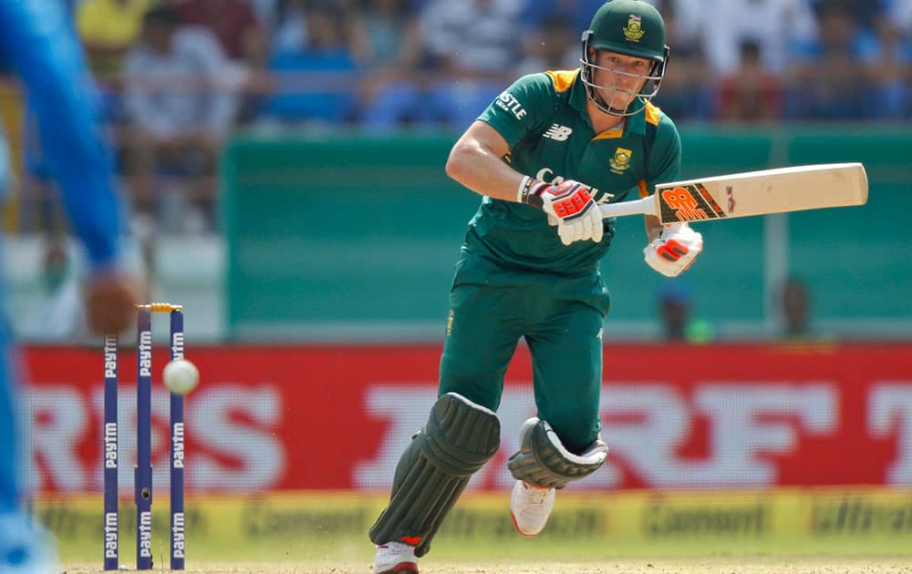 South Africa's David Miller, plays a shot during their third one-day international cricket match against India in Rajkot.