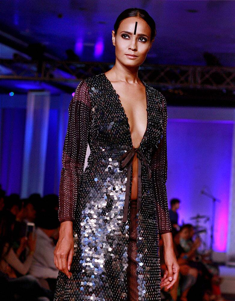 Model displaying a creation by designer Abraham & Thakore during the Blenders Pride Fashion Tour 2015 in Gurgaon.