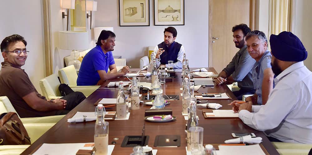 BCCI secretary Anurag Thakur along with chief selector Sandeep Patil and other committee members including Roger Binny, Vikram Rathore, Saba Karim and Ranjinder Singh Hans during the selection committee meeting for picking the last two ODI and first two Test squads against South Africa in New Delhi.
