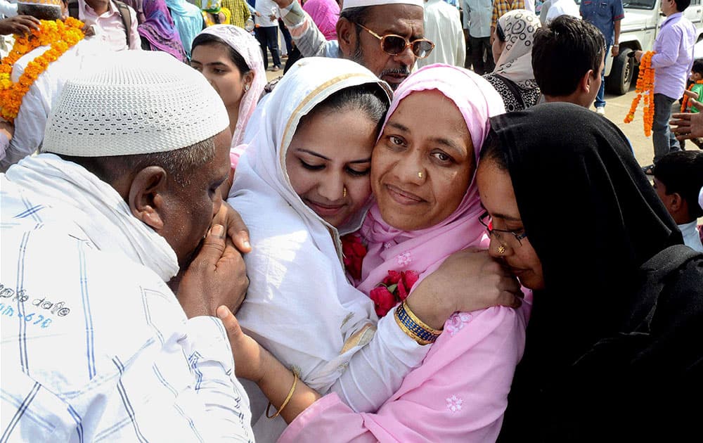 The first batch of Haj pilgrims being welcomed by family members after their arrival from Mecca, at Raja Bhoj Airport in Bhopal.