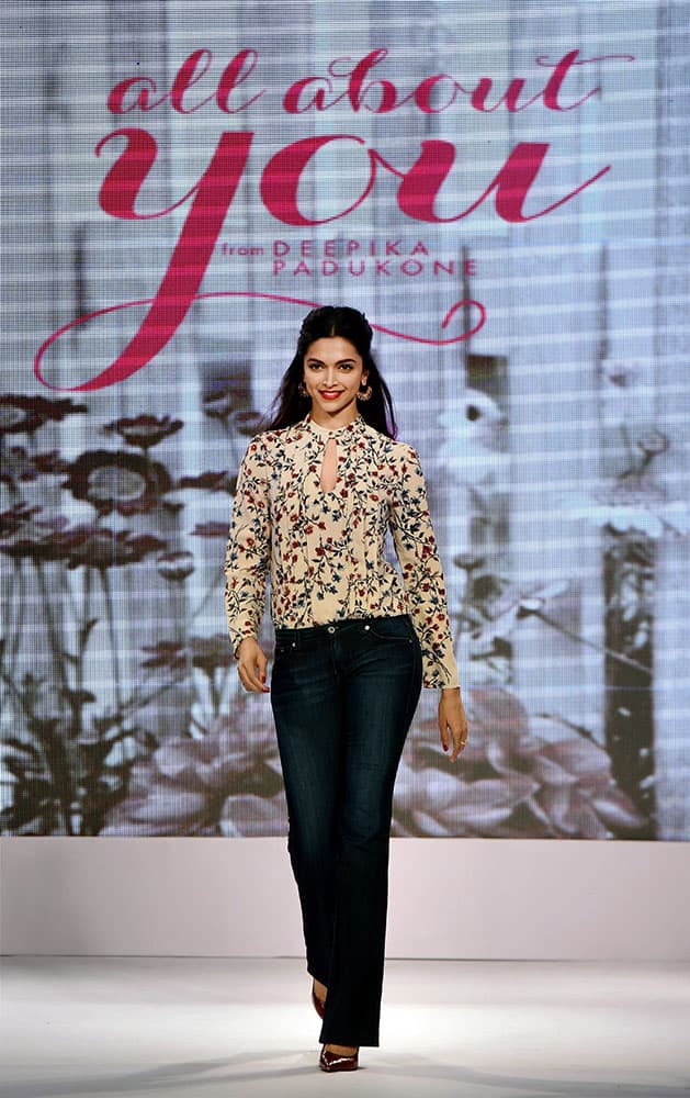 Deepika Padukone walks the ramp showcasing her own designer label, All About You during the launch of collection on Myntra shopping app in New Delhi.