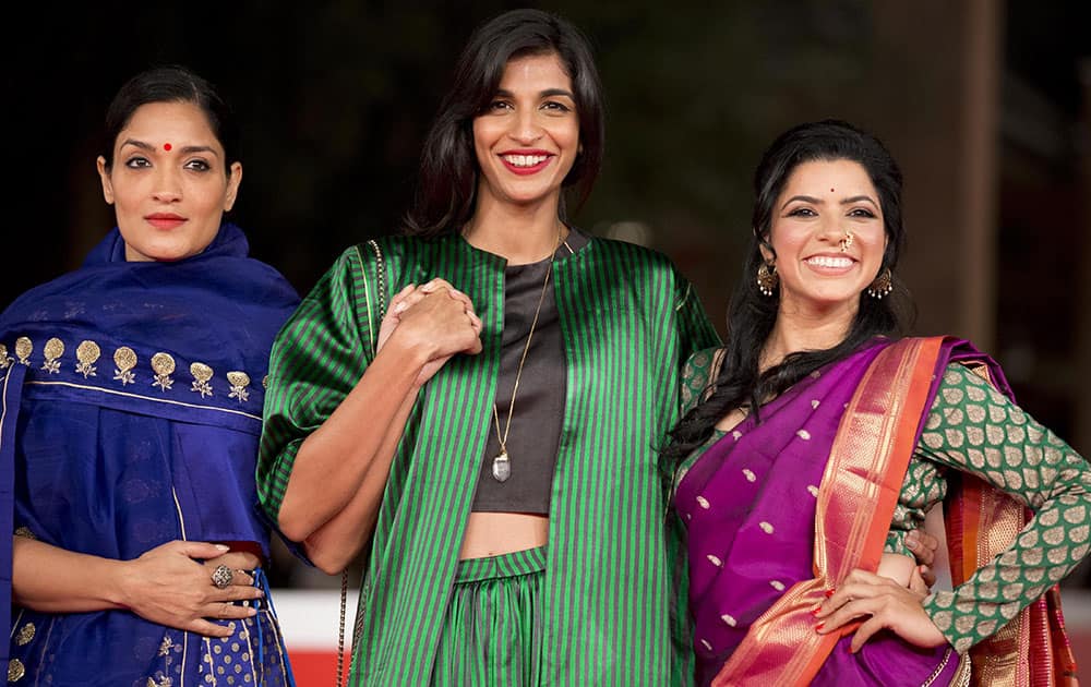 Actresses Sandhya Mridul, Anushka Manchanda and Rajshri Deshpande arrive for the screening of the movie Angry Indian Goddesses, at Romes Film Festival, in Rome.