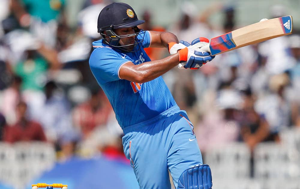 Rohit Sharma plays a shot during their fourth one-day international cricket match against South Africa in Chennai.