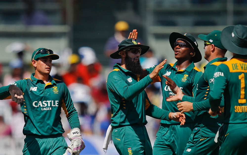 South Africans celebrates the wicket of India’s Rohit Sharma during their fourth one-day international cricket match in Chennai