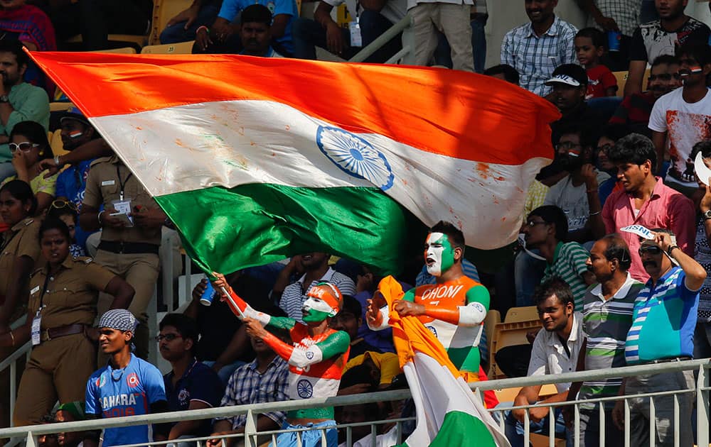 Fans wave the flag during their fourth one-day international cricket match against South Africa in Chennai.