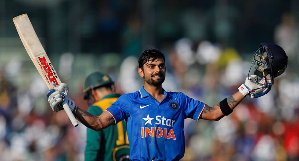 Virat Kohli, celebrates his hundred runs during their fourth one-day international cricket match against South Africa in Chennai.