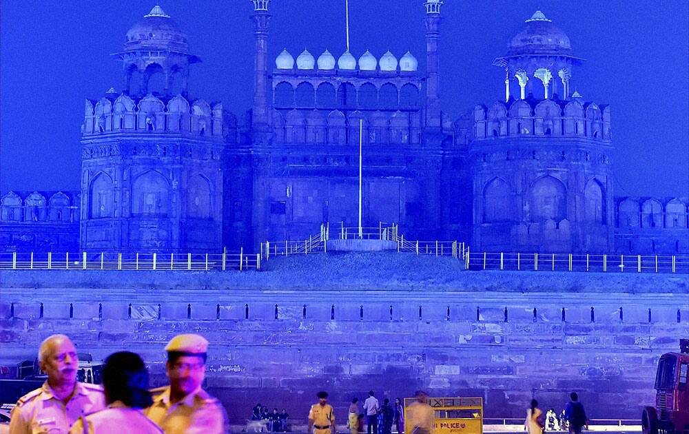 Red Fort lit by blue light to commemorate the 70th anniversary of the United Nations in New Delhi.