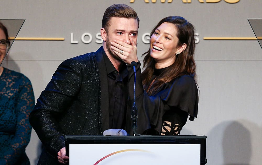 Honorees Justin Timberlake, left, and Jessica Biel accept the Inspiration Award onstage during the GLSEN Respect Awards at the Beverly Wilshire Hotel.