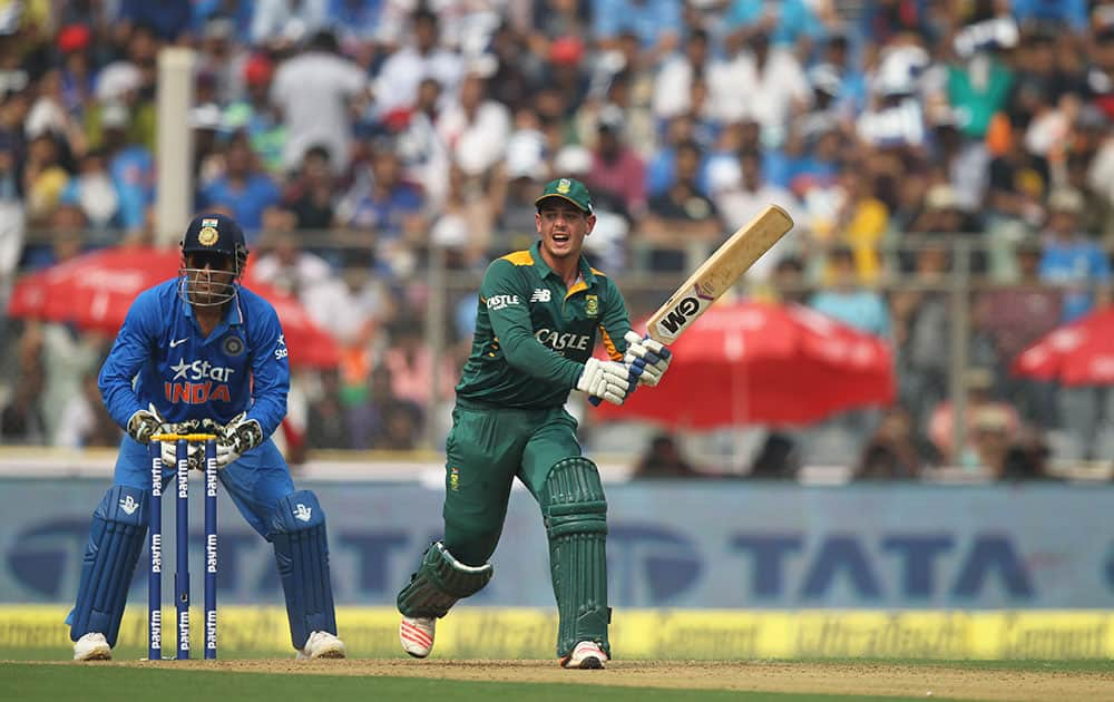 South Africa’s Quinton de Kock bats during the final one-day international cricket match of a five-game series against India in Mumbai, India.