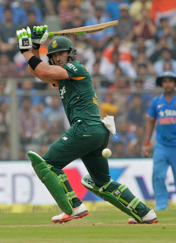 South Africa’s Faf du Plessis bats during the final one-day international cricket match of a five-game series against India in Mumbai, India.