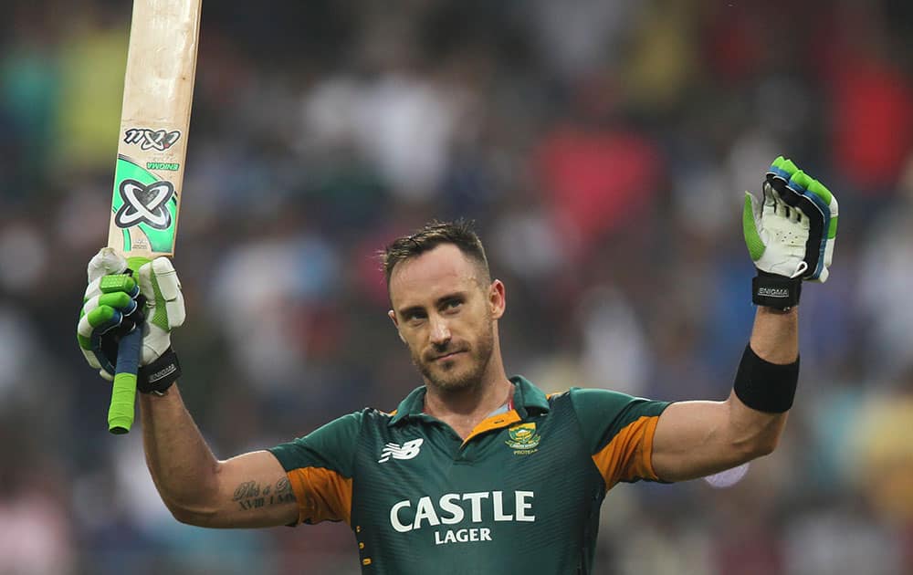 South Africa’s Faf du Plessis celebrates his hundred runs during the final one-day international cricket match of a five-game series against India in Mumbai, India.