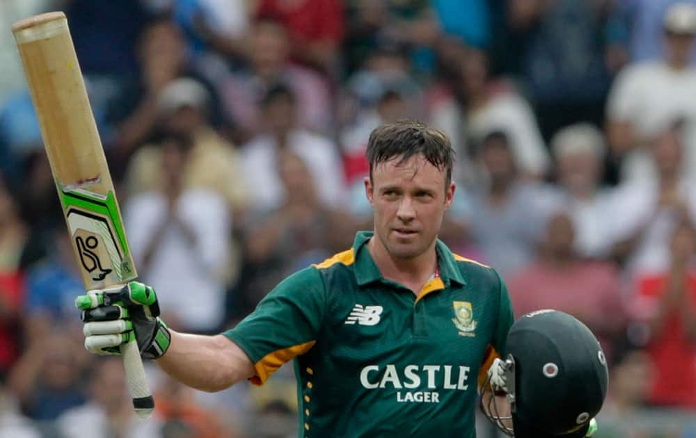 South Africa’s captain A.B. de Villiers celebrates his hundred runs during the final one-day international cricket match of a five-game series against India in Mumbai, India.