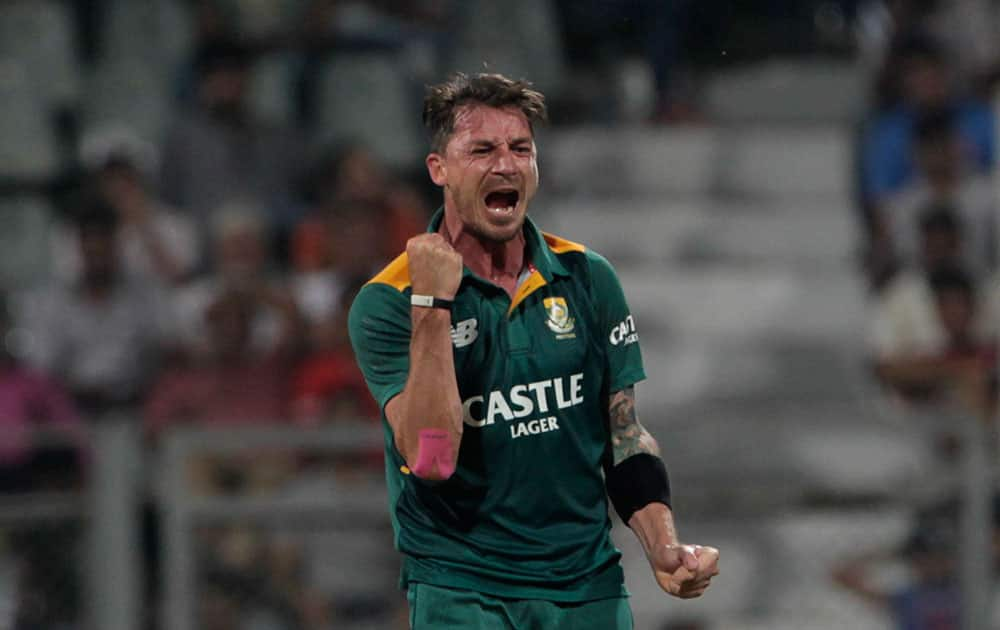 South Africa’s Dale Steyn, celebrates the wicket of India’s Axar Patel during the final one-day international cricket match of a five-game series in Mumbai, India.