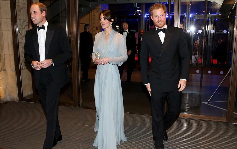 Britain's Prince William, Kate the Duchess of Cambridge and Prince Harry attend the World Premiere of the new James Bond film Spectre, in London.