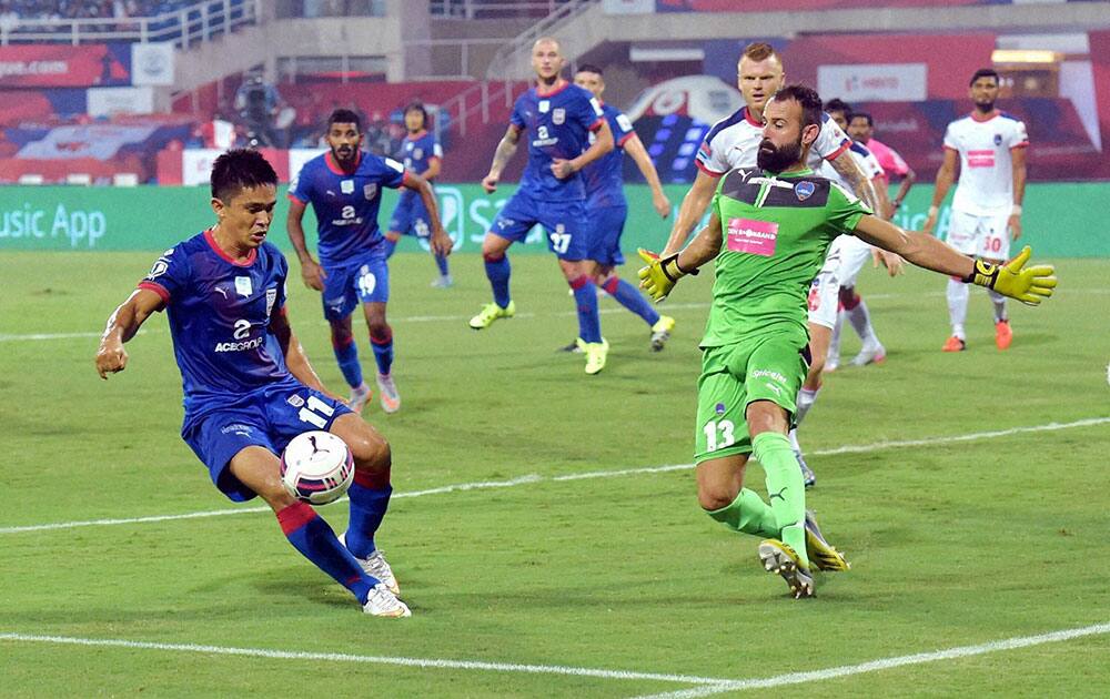 Mumbai City FCs Sunil Chetri in action against Delhi Dynamos FC during the Indian Super League (ISL) match at DY Patil Stadium in Navi Mumbai.