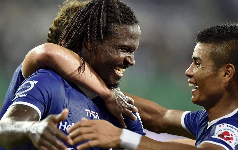 Chennaiyan FC player Bernard Mendy celebrating along with teammates after hit a goal during the Indian Super League (ISL) match against FC Pune City at Jawaharlal Nehru Stadium in Chennai.