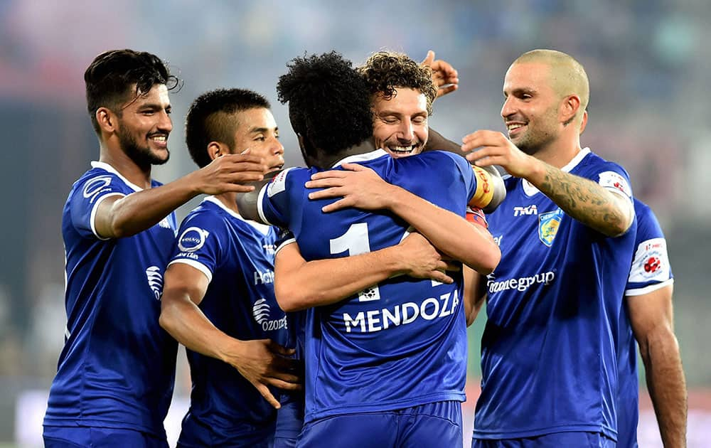 Chennaiyan FC player Stevan Mendoza celebrating with teammates after hit a goal during the Indian Super League (ISL) match against FC Pune City at Jawaharlal Nehru Stadium in Chennai.