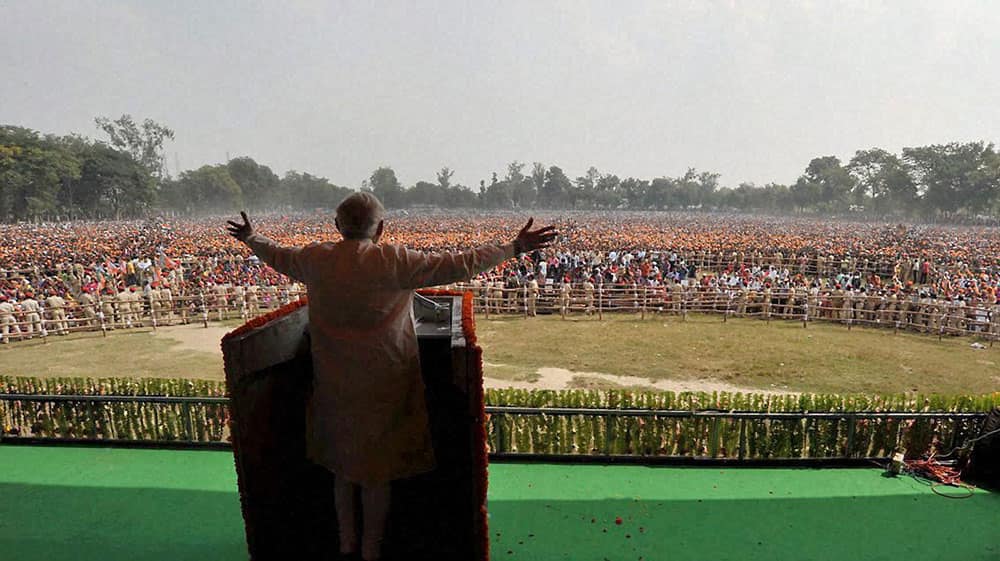 Prime Minister Narendra Modi during a public meeting in Sitamarhi, Bihar.