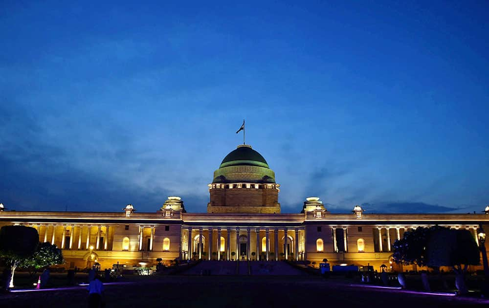 A view of Rashtrapati Bhavan illuminated for the 3rd India Africa Forum Summit in New Delhi.